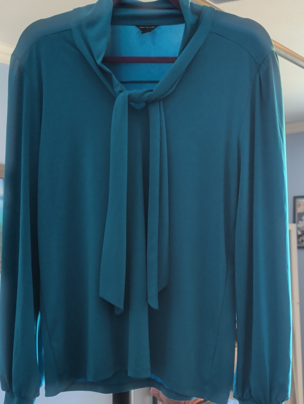 Ann Taylor Teal Tie-Neck Long Sleeve Blouse